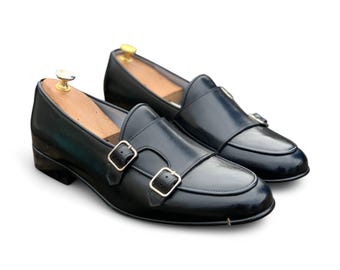 Handmade Men's Black Double Buckle Leather Loafers – Slip-On Cowhide Dress Shoes, Classic Formal Footwear.