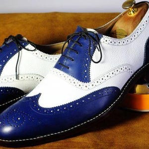Handmade Men&#39;s White & Blue Wingtip Brogue Shoes– Premium Cowhide Leather Lace-Up Dress Shoes
