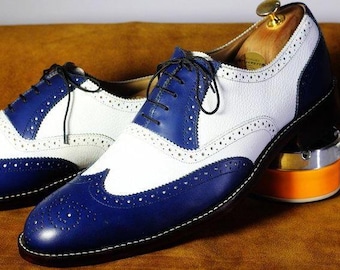 Handmade Men's White & Blue Wingtip Brogue Shoes– Premium Cowhide Leather Lace-Up Dress Shoes