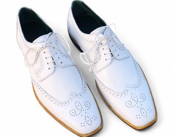 Handmade White Wing Tip Brogue Lace-Up Shoes for Men – Original Cow-Hide Leather Oxfords