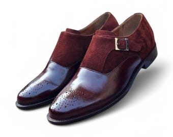 Handmade Men's Burgundy Leather & Suede Double Monk Strap Shoes – Classic Buckle Dress Shoes, Custom Fit Formal Footwear.