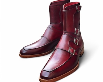 Handmade Men's Burgundy Leather Buckle Boots – Stylish Triple-Strap Ankle Boots, Custom Fit Dress Shoes.