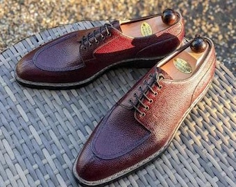 Handmade Men's Burgundy Wingtip Oxford Shoes, Two-Tone Cowhide Pebbeled Leather Dress Shoes