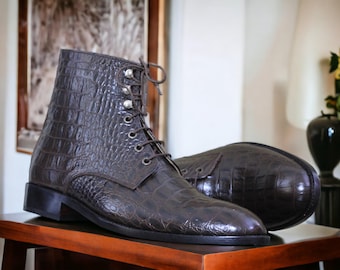 Bespoke Handmade Alligator Side Zipper Genuine Leather Boots, Black Exotic Boots, Men's Goodyear Welted Ankle High Boots