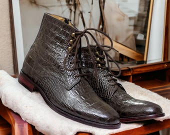 Bespoke Handmade Alligator Side Zipper Genuine Leather Boots, Black Exotic Boots, Men's Goodyear Welted Ankle High Boots