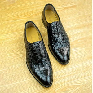 Men Handmade Black Leather Oxford Shoes – Designer Whole Cut Lace-Up Shoes, Blue Alligator Shoes, Gift for Him, Wedding & Christmas Gift