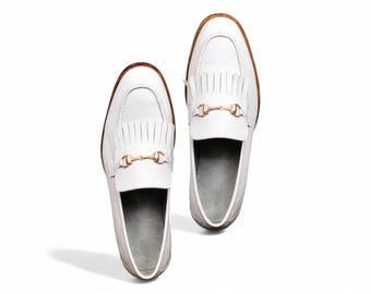 Mocassins Blancs À Franges Faits Main, Chaussures à enfiler en cuir de vachette pour homme | Mocassins cousus Goodyear