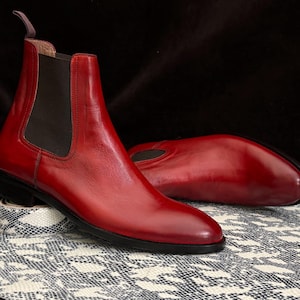 Handmade Red Chelsea Boots for Men in Cowhide Leather - Goodyear Welted, Customizable Artisan Footwear for Stylish Comfort
