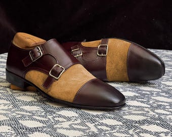 Handmade Double Monk Strap Cowhide Leather & Suede Dress Shoes for Men | Goodyear Welted Bespoke Shoes