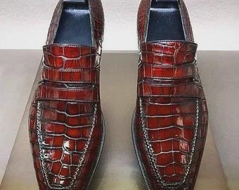 Ręcznie robione brązowe buty ze skóry aligatora Slip On Mokasyny, formalne buty męskie