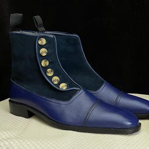Handmade Blue Button top Cap Toe Boots for Men – Premium Cowhide Leather, Custom Fit Stylish Dress Boots, Luxury Artisan Footwear