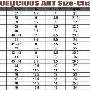 May include: Shoe size conversion chart showing US, Euro, UK, Mexico, Japan, and inches sizes. The chart includes sizes from 5 to 16 US.
