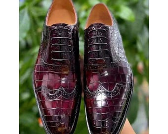 Handmade Men’s Maroon Crocodile Texture Leather Oxford Shoes | Handcrafted Alligator Print Formal Lace-Up Dress Shoes | Bespoke Gift for Him