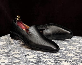 Handmade Black Python Textured Cowhide Leather Loafers for Men | Slip-On Goodyear Welted Moccasins