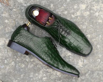 Handmade Whole Cut Shoes, Men's Lace UP Alligator Leather Shoes, Dress Leather Shoes, Genuine Leather Shoes For Men