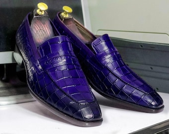 Ręcznie robione buty ze skóry aligatora, mokasyny z kwadratowym noskiem, męskie wsuwane mokasyny ze skóry o fakturze skóry krokodyla