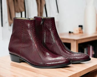 Bespoke Handmade Black Colour Genuine Leather Boots,Python Texture Leather Side Zipper Ankle High Boots