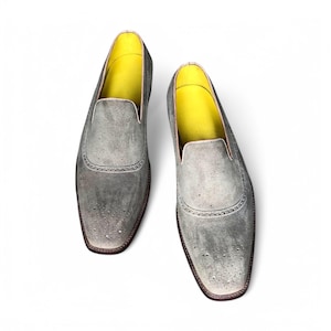 Handmade Men&#39;s Grey Suede Loafers – Perforated Slip-On Dress Shoes, Classic Formal Footwear.