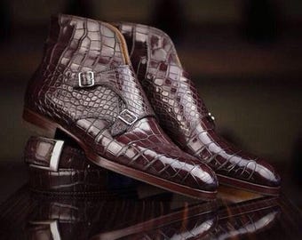 Bespoke Handmade Alligator Texture Genuine Leather Double Monk Exotic Boots, Men's Goodyear Welted Ankle High Chukka Boots