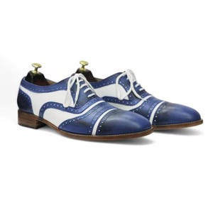 Handmade Blue & White Leather Spectator Shoes | Genuine Leather Luxury Shoes | Men’s Cap Toe Brogue Dress Shoes | Wedding Shoes