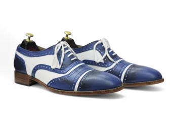 Handmade Blue & White Leather Spectator Shoes | Genuine Leather Luxury Shoes | Men’s Cap Toe Brogue Dress Shoes | Wedding Shoes