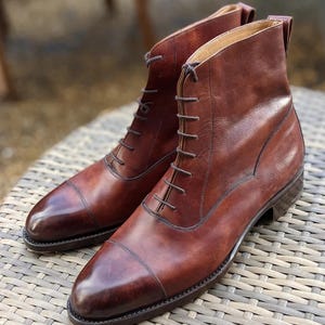 Handmade Men&#39;s Black Ankle Brogue Boots, Cap Toe Lace Up Leather Dress Boots