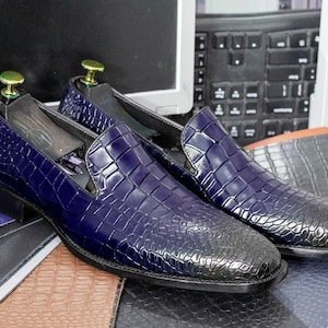 Zapatos de piel de cocodrilo hechos a mano, mocasines de piel de cocodrilo con textura, negros, de punta redonda, para vestir, formales, sin cordones, para hombre.