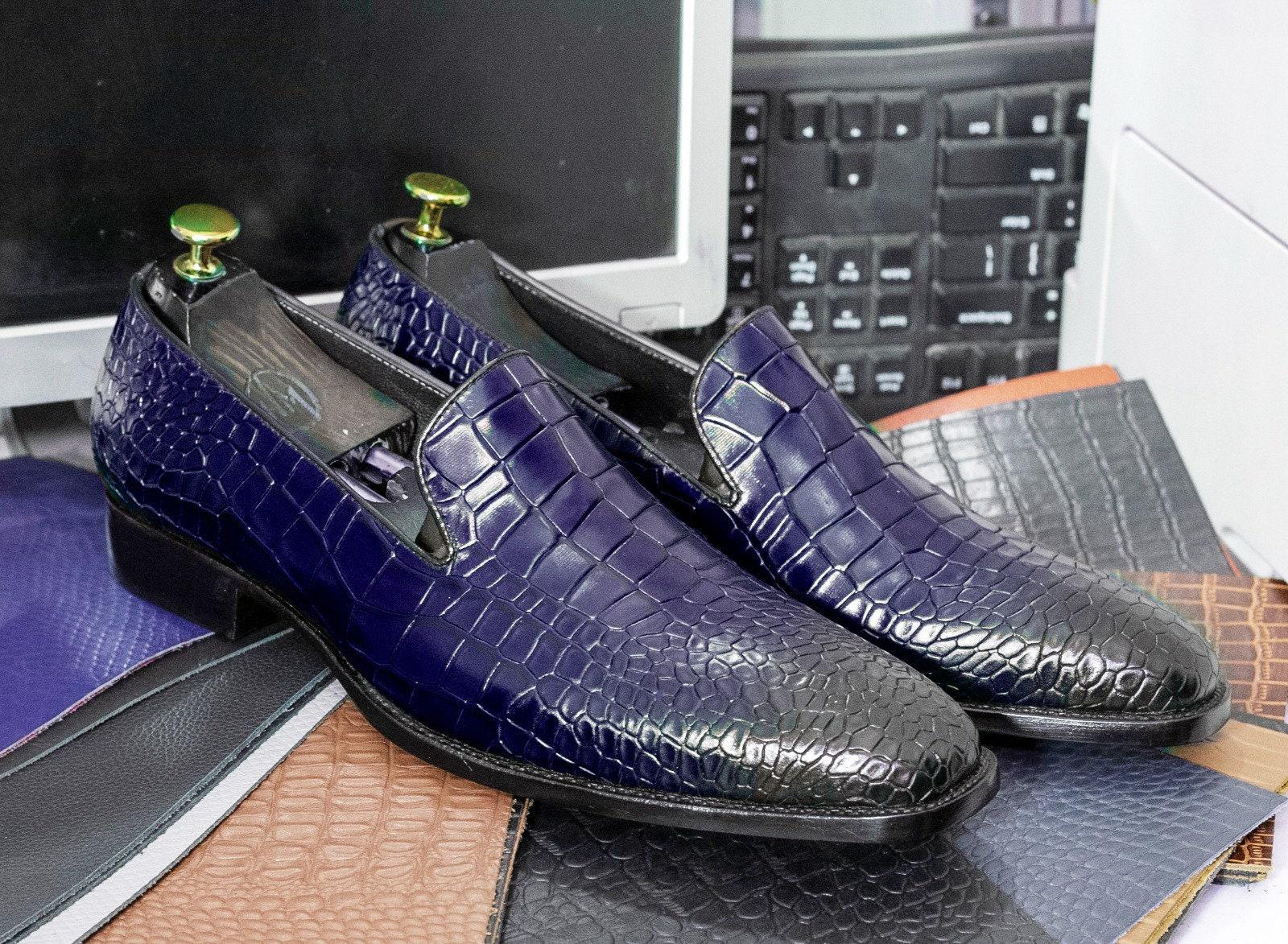 Men Premium Quality Handmade blue Alligator Print Leather Slip On Loafers Shoe New Men main image 3