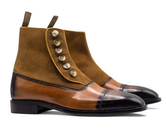 Botas marrones con botones para hombre hechas a mano / Botas altas de cuero y gamuza / Botas clásicas de vestir con puntera / Regalo de Navidad para él