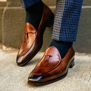 Handmade Men's Brown Colour Tussles Loafers, Shiny Formal Slip On Shoes