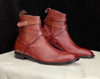 Handmade Red Jodhpurs Boots for Men – Premium Cowhide Leather Ankle Boots – Custom Fit Artisan Footwear for Formal Style.