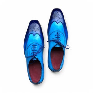 Handmade Men&#39;s Blue Wingtip Brogue Oxford Shoes – Leather Lace-Up Dress Shoes, Classic Formal Footwear.