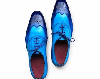 Handmade Men's Blue Wingtip Brogue Oxford Shoes – Leather Lace-Up Dress Shoes, Classic Formal Footwear.