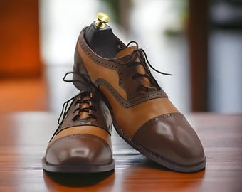 Handmade Men's Brown Wingtip Brogue Cow-Hide Leather Shoes, Oxford Dress Shoes Lace-Up Formal Footwear.