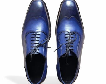 Handmade Men's Blue Wingtip Brogue Oxford Shoes – Leather Lace-Up Dress Shoes, Classic Formal Footwear.
