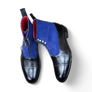 Handmade Ankle High Blue & Black  Suede Leather Boots for Men – Genuine Leather Dress Boots, Classic Formal Footwear,