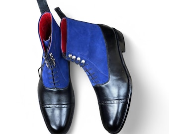 Handmade Ankle High Blue & Black Suede Leather Boots for Men - Genuine Leather Dress Boots, Classic Formal Footwear,