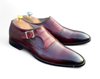 Handmade Men's Burgundy Double Monk Strap Alligator Leather Shoes, Elegant Formal Buckle Shoes.