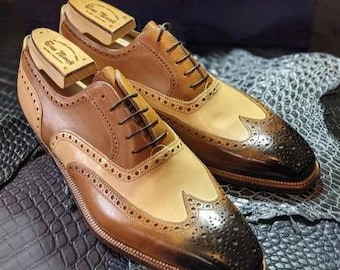 Handmade Men's Brown & Beige Wingtip Brogue Shoes– Premium Cowhide Leather Lace-Up Dress Shoes