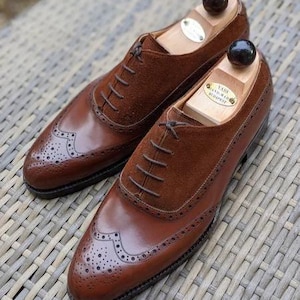 Handmade Men&#39;s Brown Wingtip Brogue Shoes– Premium Cowhide Leather & Suede Lace-Up Dress Shoes