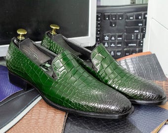Ręcznie robione na zamówienie mokasyny ze skóry aligatora, czarne, z okrągłym noskiem, eleganckie, wsuwane mokasyny męskie