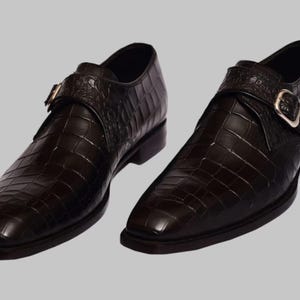 Handmade Men’s Brown Crocodile Texture Leather Monk Shoes | Handcrafted Alligator Print Formal Buckle Dress Shoes | Bespoke Gift for Him