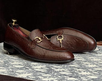 Handmade Brown Python Textured Cowhide Leather Loafers for Men | Goodyear Welted Slip-On Moccasins