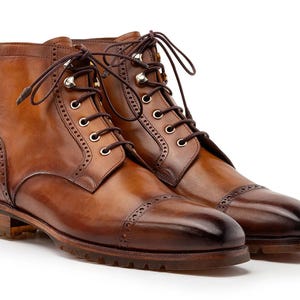 Handmade Leather Boots| Custom-Made Tan Leather Cap Toe Boots | Leather Lace up Derby Boots