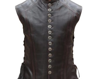 May include: A sleeveless, dark brown leather vest with a mandarin collar and decorative silver buttons down the front. The vest has side laces and a tailored fit, suitable for cosplay or historical reenactment.