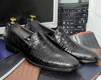 Handmade Alligator Shoes Texture Alligator Leather Loafers, Black Round Toe Dress Formal Slip On Moccasins For Men