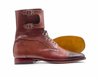 Handmade Men’s Brown Leather Monk Shoes | Handcrafted Alligator Print Formal Buckle Dress Shoes | Bespoke Gift for Him
