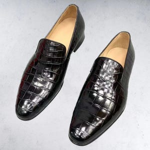 Men Handmade Black Leather Loafers – Designer Moccasins Shoes, Alligator Shoes, Gift for Him, Wedding & Christmas Gift