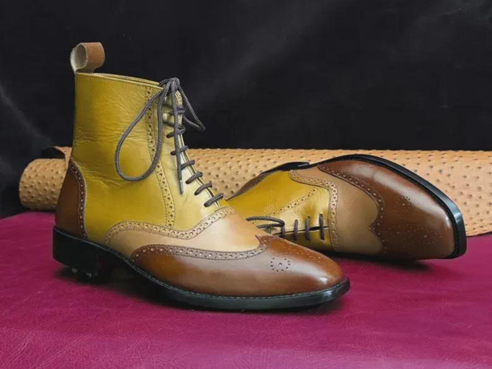 Handmade Wing Tip Brogue Mustard & Brown Cowhide Leather 