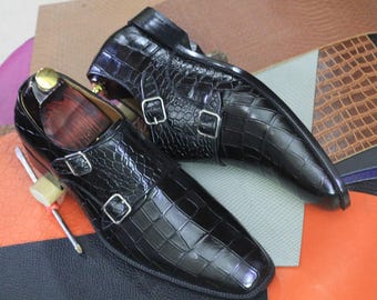 Bespoke Black Alligator Texture Double Buckle Leather Shoes, Classic and Stylish Shoes for Men's